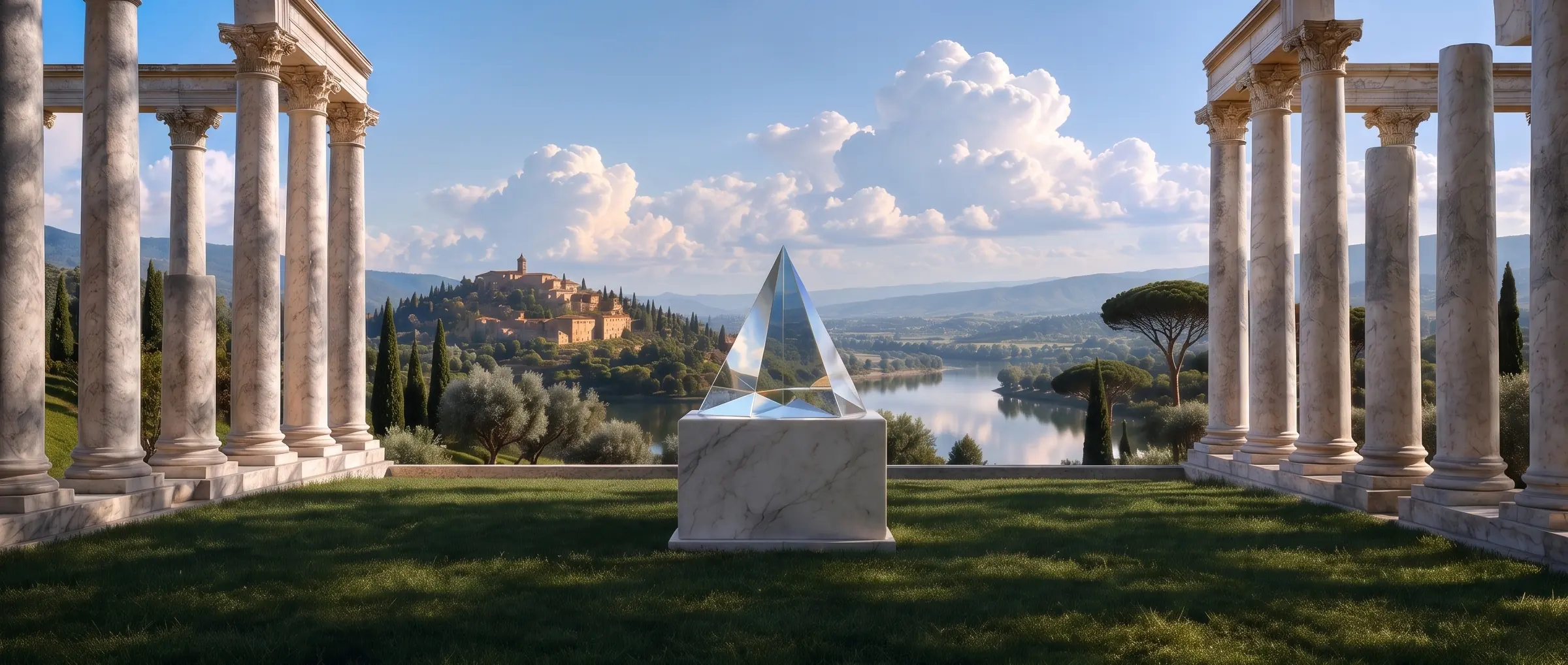 A glass prism on a marble plinth between Roman colonnades, above a river valley and hill town